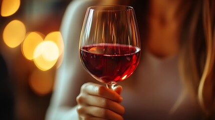 A woman holds a glass of red wine by the stem