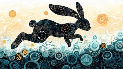 A black rabbit with a white face and ears is leaping through a sea of swirling circles in shades of blue, green, and orange.