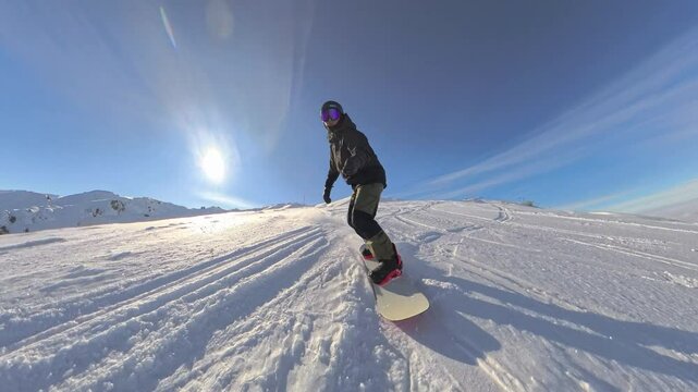 Thrilling snowboarding action on scenic snowy mountain slopes, emphasizing athletic lifestyle, healthy habits, and outdoor adventure, perfect for showcasing winter sports and extreme sports passion