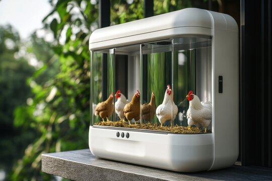A white box with a bunch of chickens inside