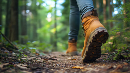 Fototapeta premium of a wooden signpost marking a nature trail, with wildflowers growing at its base and a green forest path in the background 