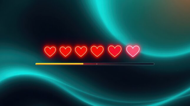 Hearts progress bar on flowing teal background. Love loading concept. Graphic for dating apps and social media.