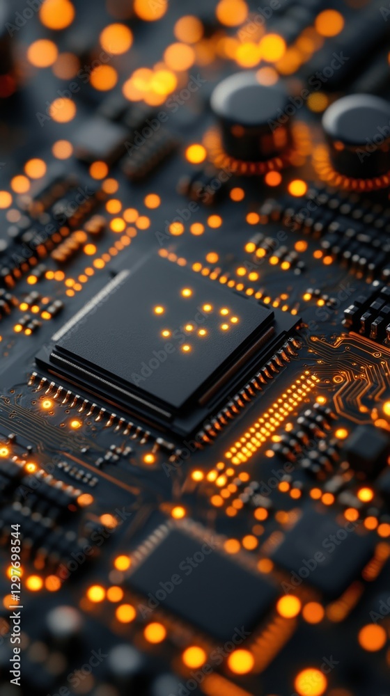 Poster intricate motherboard design showcasing central processor unit with glowing orange lights emphasizin