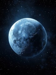 Fototapeta premium Dramatic lunar surface with craters and stars against a deep blue cosmic background showcasing celestial beauty and serene cosmic view