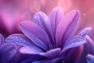 Fototapeta premium Captivating Macro Shot of a Purple Flower with Water Droplets Against a Soft Bokeh Background in Dreamy Pastel Tones