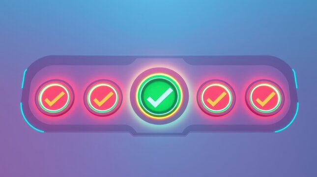 Progress bar showing a central green checkmark and other marks on a futuristic style purple bar.