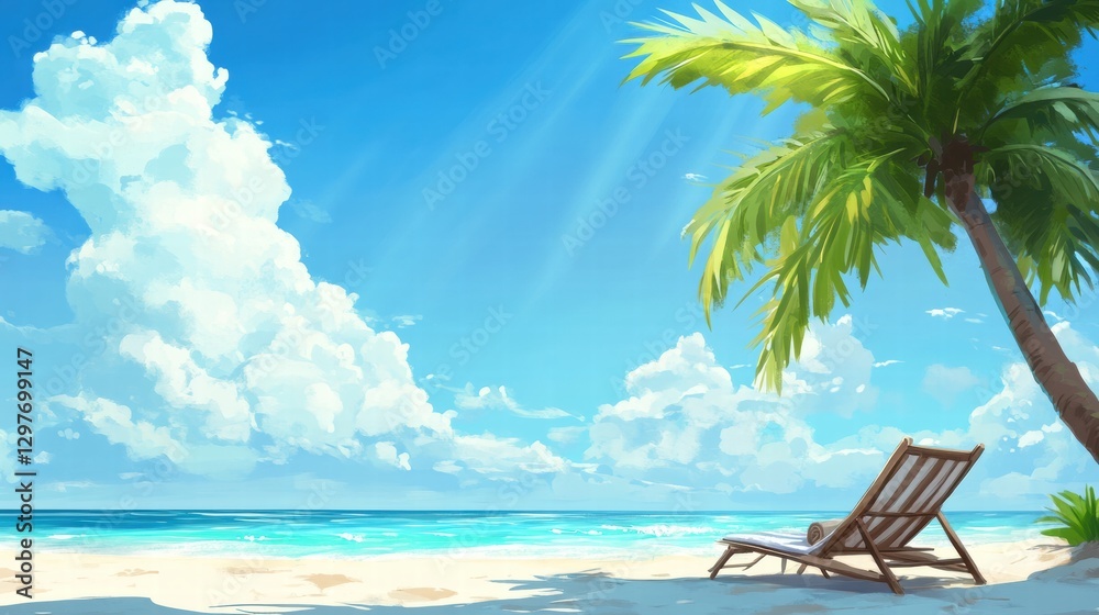 Poster relaxing beach with a lightly shaded lounge chair under palm trees and a clear blue sky on a sunny d