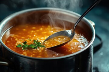 A spoon is in a pot of soup