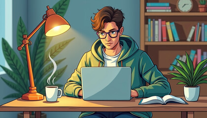 Person Working on Laptop with Desk Lamp for Late Night Project Completion