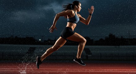 Female athlete sprinting on a wet track during a dramatic rainstorm at dusk, showcasing determination - muscular woman