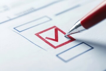 A red pen is on a piece of paper with a red check mark