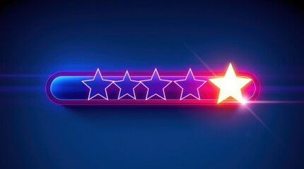 Neon star rating graphic featuring four dark stars and one bright star, all with a vibrant blue background.