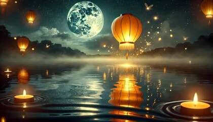 Obraz premium A magical floating lantern drifting over a calm lake at night, reflecting its golden glow on the water, surrounded by fireflies and a full moon in the starry sky