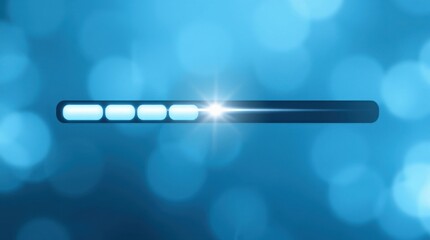 A bright, abstract progress bar indicates loading or processing against a blurry, blue, bokeh background.