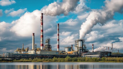 Industrial power plant with towering smoke stacks emitting thick smoke into the sky. The large facility features steel structures, pipelines, and cooling towers, representing energy production