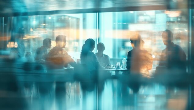 Silhouetted Group Meeting in City Cafe at Night