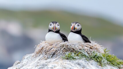 Fototapeta premium Two Atlantic puffins sit together in a nest on a rocky cliff during the day.