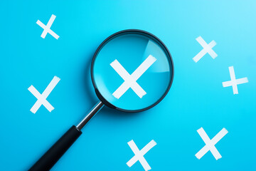 Obraz premium A magnifying glass emphasizing a white check mark among crossed out icons on a blue background. Quality control and approval, Checkmark to approve and Wrong mark