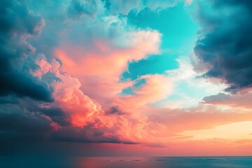 Obraz premium Dramatic Pink and Teal Sunset Sky Ocean View Beautiful Cloudscape Peaceful Nature Scene Serene Summer Evening Colorful Cloudscape Breathtaking 