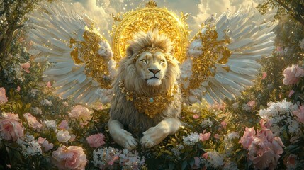 A majestic lion with golden wings and a crown of jewels sits amidst a field of pink and white flowers, exuding regal majesty.