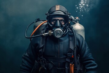 Fototapeta premium A man in a black suit and mask is wearing a backpack and is underwater