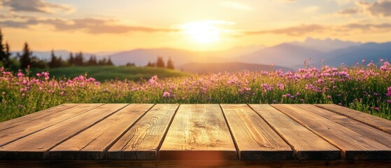 Rustic wooden table against a vibrant meadow with blooming wildflowers at sunset offering a serene and inviting scene for product placement or display