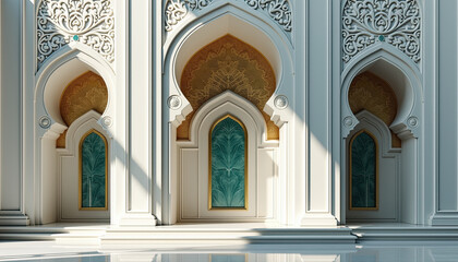 Fototapeta premium White Mosque Arches with Green Doors for Islamic Architectural Design, Cultural Heritage Websites and Religious Building Photography