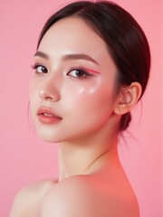 Fototapeta premium beauty portrait of a model with medium wavy pink-dyed hair, vibrant makeup, and a seductive expression, emphasizing her glossy lips and radiant skin against a soft pink backdrop.