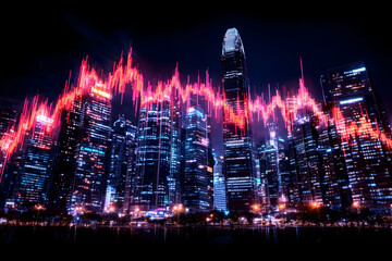 Fototapeta premium Cityscape, night, financial graph overlay