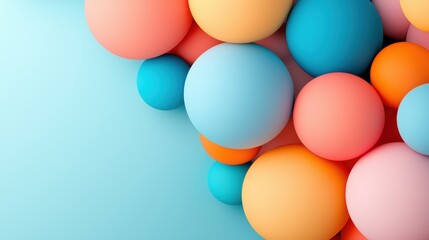 A vibrant arrangement of colorful spheres on a light blue background, showcasing various sizes and pastel colors.
