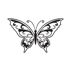 vector illustration of butterfly on white background. There are two versions, black shape and black and white .Hand drawn decorative graphic vector logo, icon, sign, symbol, illustration, tattoo.