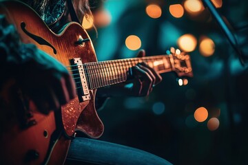 Obraz premium A person is playing a guitar in a dark room with a blurry background
