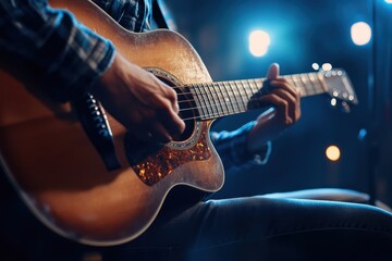 Naklejka premium A person is playing a guitar in a dark room