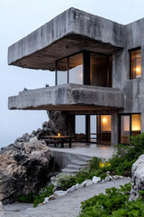 Cliffside Concrete House at Dusk