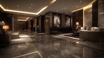 Elegant Lobby Design: Marble Floors, Warm Lighting, Modern Decor