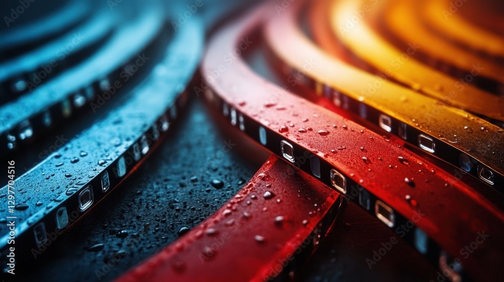 Poster abstract colorful data cables with water droplets on a dark surface in a macro shot creating a moder