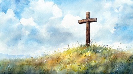 Wooden Cross on a Hilltop Under a Blue Sky - Watercolor Painting