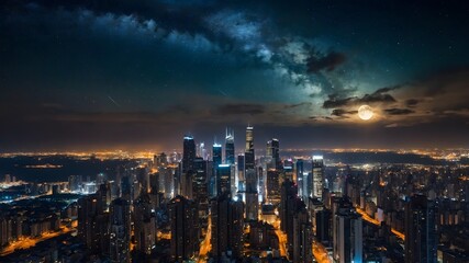 Obraz premium City Lights and Cosmic Delights: A Night Under the Milky Way