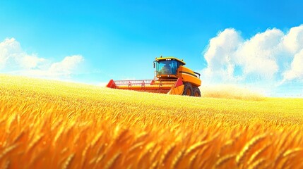 Obraz premium Combine harvests wheat field under bright sky. Agriculture machine works at farm with clouds