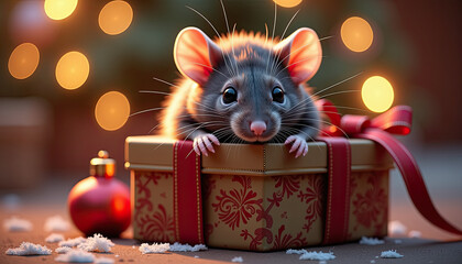 Dark rat in red gift box with bokeh lights for evening party announcements and festive greetings
