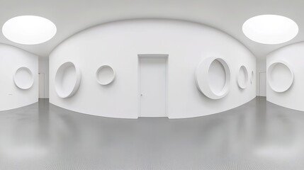 A 360-degree panorama captured in equirectangular projection, showcasing an empty room with white walls and circular shapes on the wall. The room features a white door on one side 