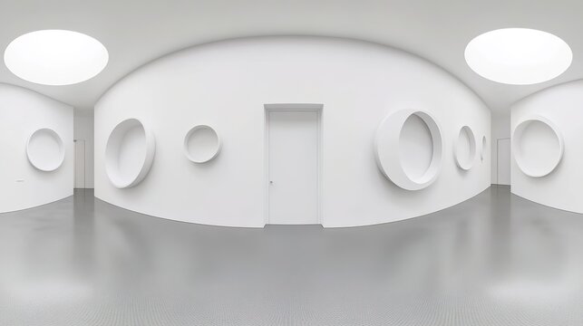 A 360-degree panorama captured in equirectangular projection, showcasing an empty room with white walls and circular shapes on the wall. The room features a white door on one side 