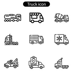 Delivery truck line icon set. Express delivery trucks icons. Fast shipping truck. Free delivery 24 hours. Logistic trucking sign. Vector illustration on white background.