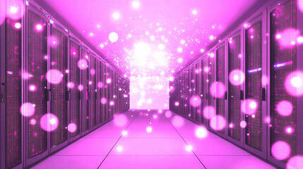 Pink Illuminated Server Room with Floating Particles
