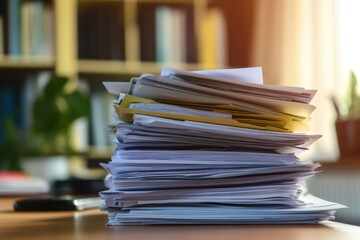A stack of papers on a desk with a potted plant in the background