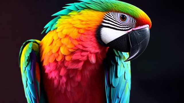 Rainbow Plumage: A close-up of a vibrant macaw parrot boasting a stunning array of colors against a soft backdrop, showcasing its beauty.