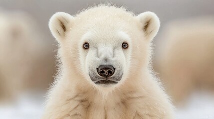 Fototapeta premium Polar bear cub in the wild, snowy landscape, portrait. Possible use Nature, wildlife, conservation