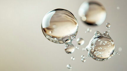 Close-up of three irregularly shaped liquid bubbles, almost spherical but uniquely deformed, their surfaces reflecting light in a mesmerizing way