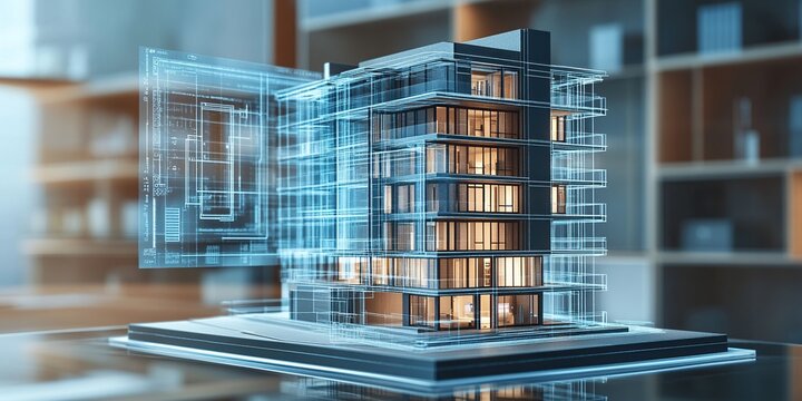 Modern Building Architectural Model with Holographic Blueprint