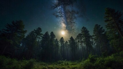 Fototapeta premium Lunar Haven: A Majestic Forest Clearing Under Starry Skies